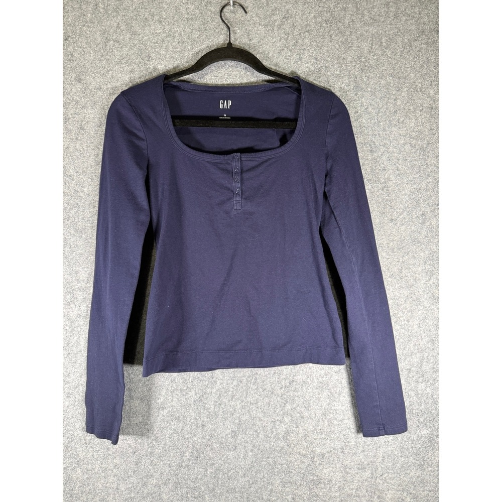 GAP Womens Small Navy Blue Square Neck Henley Long Sleeve Top Slim Fit Solid‎